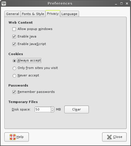 Preferences dialog for Epiphany browser. Correct cookie setting for Absalon displayed